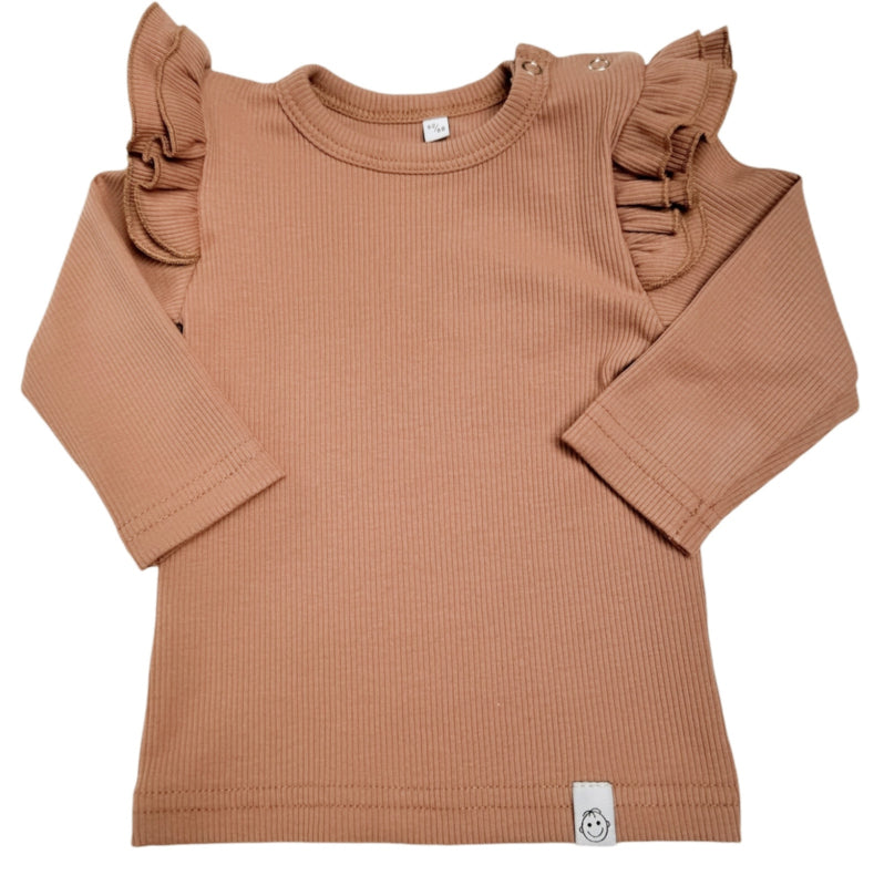 Baby shirt ruffle Perzik (rib)